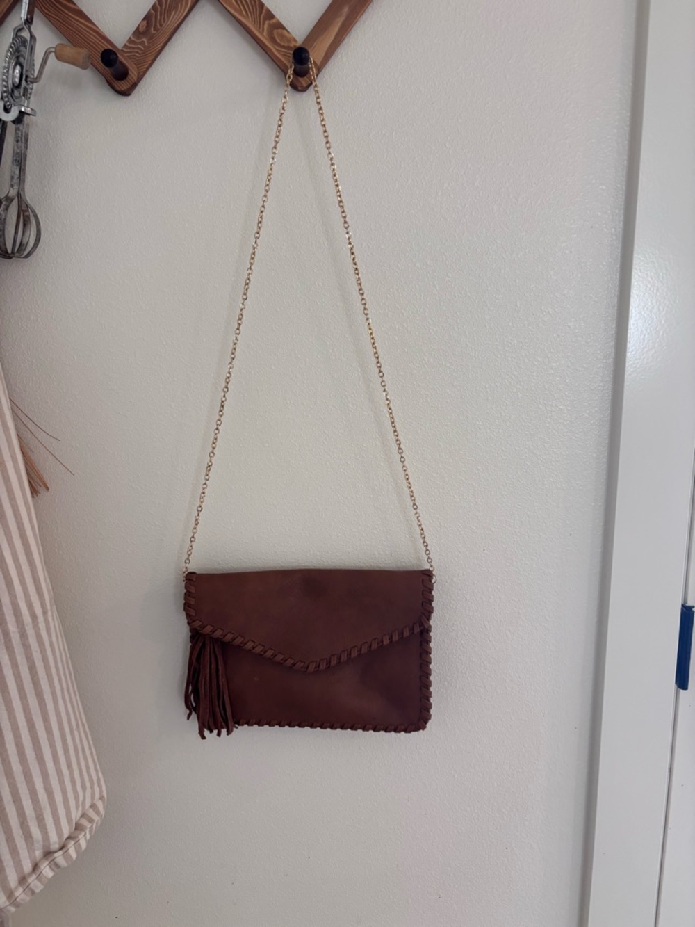 Moda Luxe Brown Fringe Envelope Clutch with Gold Chain